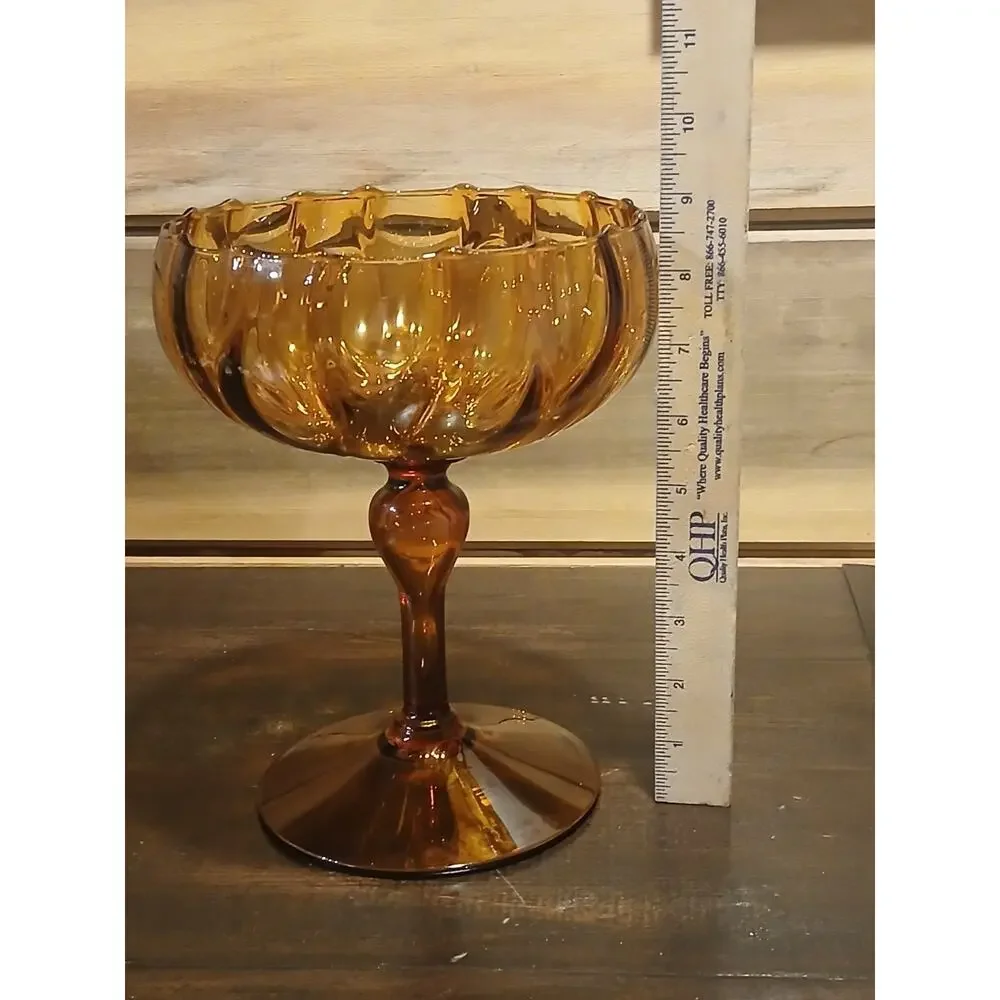 VTG Italian Empoli Amber Optic Glass Compote MCM Hand-Blown, Polished Pontil